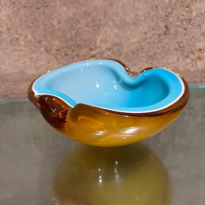 1970s murano art glass sensual bowl turquoise and amber ashtray 0672