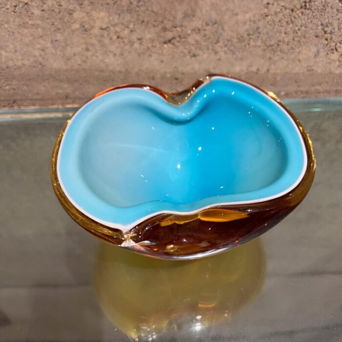 1970s murano art glass sensual bowl turquoise and amber ashtray 3767