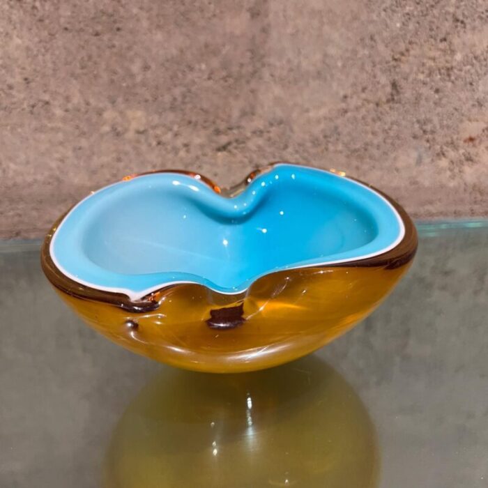 1970s murano art glass sensual bowl turquoise and amber ashtray 7755