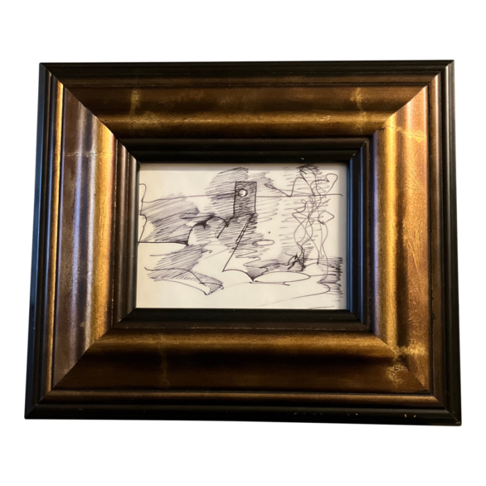 1970s original abstract ink drawing distressed finish frame 8725