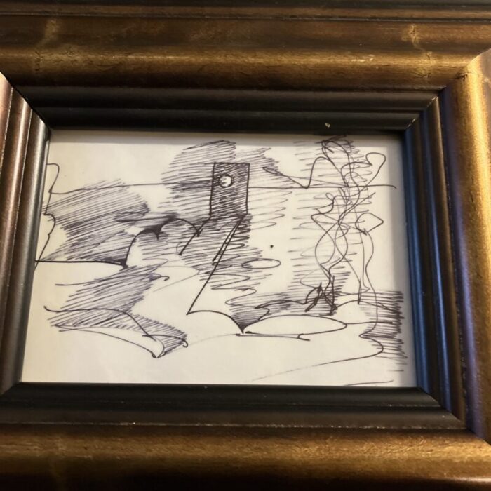 1970s original abstract ink drawing distressed finish frame 9707