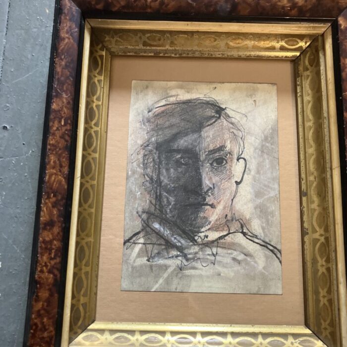 1970s picasso style abstract male portrait paintingink drawing antique framed 9529