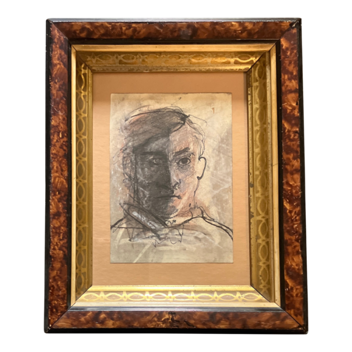 1970s picasso style abstract male portrait paintingink drawing antique framed 9761