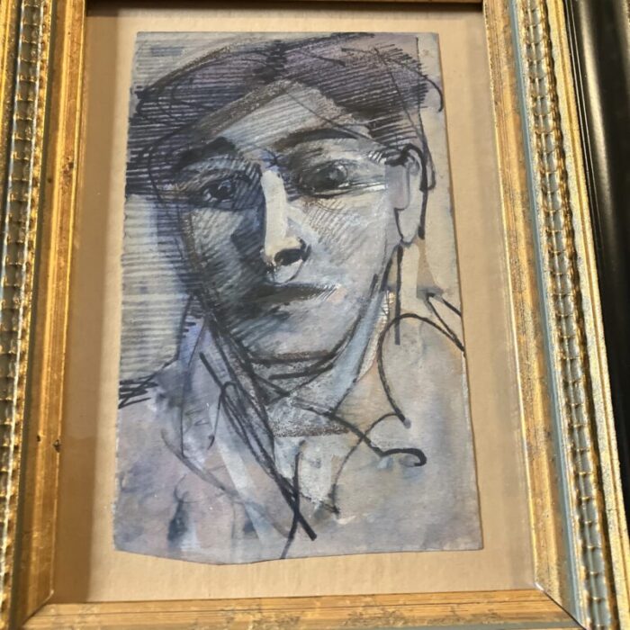 1970s picasso style abstract male portrait paintingink drawing framed 1357