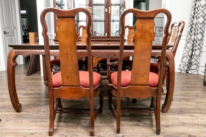 1970s vintage chinoiserie parquetry six chair dining set of 7 0406