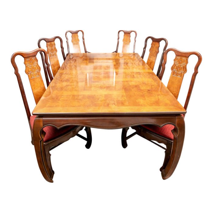 1970s vintage chinoiserie parquetry six chair dining set of 7 2776