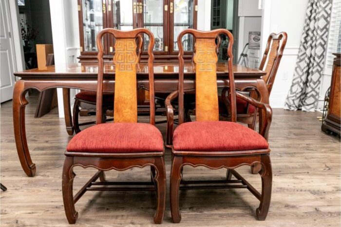 1970s vintage chinoiserie parquetry six chair dining set of 7 2844