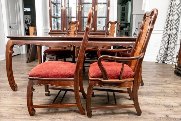 1970s vintage chinoiserie parquetry six chair dining set of 7 3709