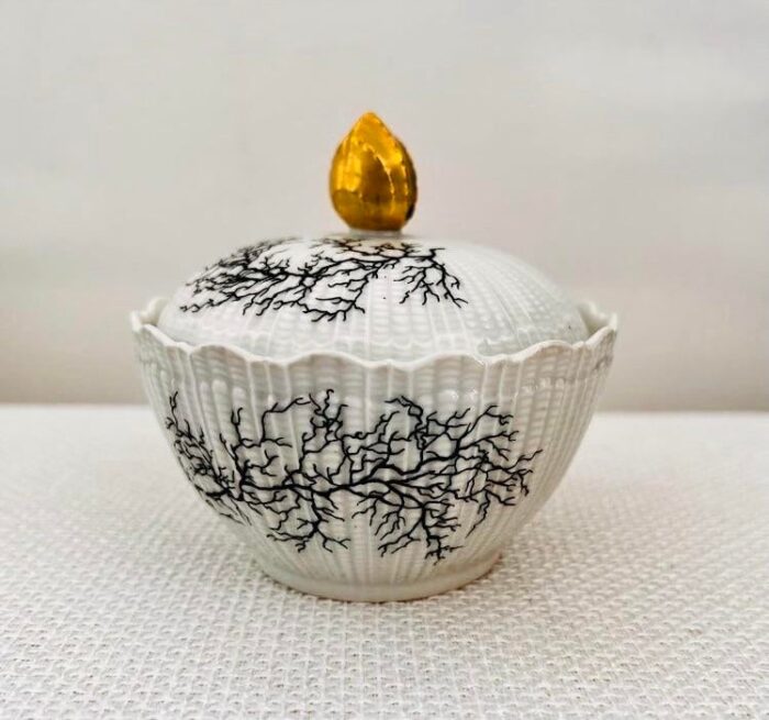 1980s a giraud and brousseau for limoges porcelain sugar bowl and lid white texture with charcoal coral details 4147