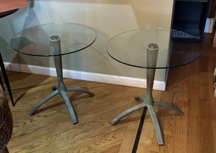 1980s pair of vintage floating glass tables on weathereddistressed metal stands 8382