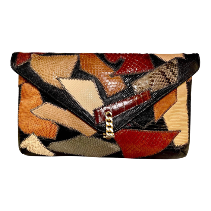 1980s patchwork snakeskin and exotic skins clutch 1007