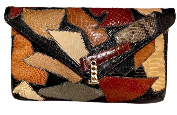 1980s patchwork snakeskin and exotic skins clutch 5166