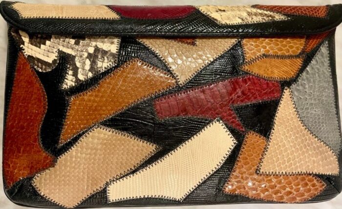 1980s patchwork snakeskin and exotic skins clutch 5425