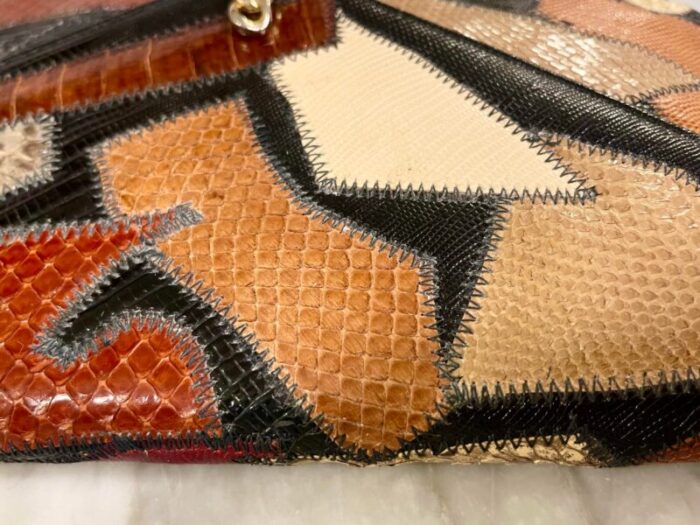 1980s patchwork snakeskin and exotic skins clutch 7008