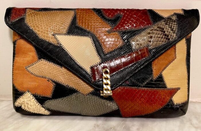 1980s patchwork snakeskin and exotic skins clutch 7207