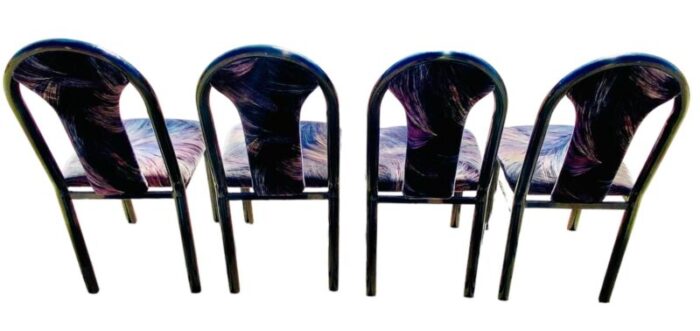 1980s postmodern upholstered black metal tubular frame dining chairs set of 4 3420