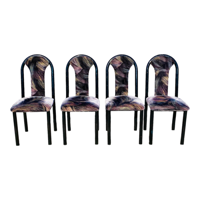 1980s postmodern upholstered black metal tubular frame dining chairs set of 4 7886