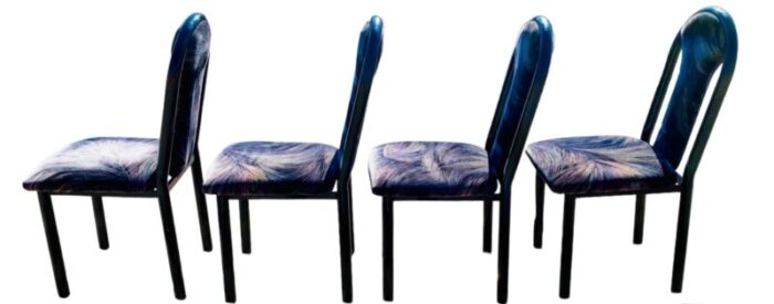 1980s postmodern upholstered black metal tubular frame dining chairs set of 4 9739