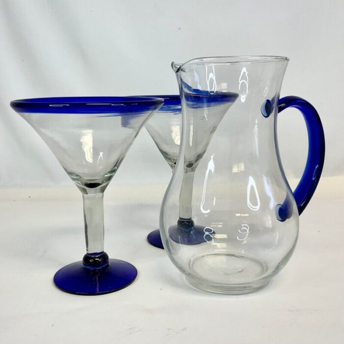 1980s vintage boho chic blue rim blown glass martini glasses and pitcher set of 3 3096