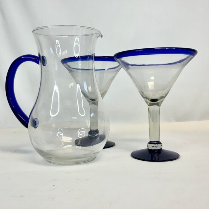 1980s vintage boho chic blue rim blown glass martini glasses and pitcher set of 3 5285