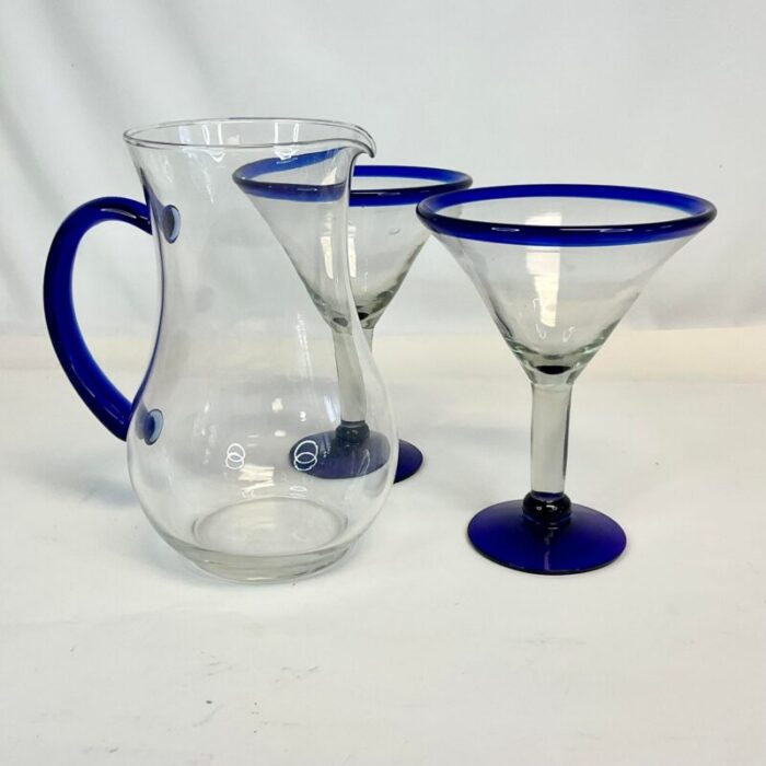 1980s vintage boho chic blue rim blown glass martini glasses and pitcher set of 3 5728