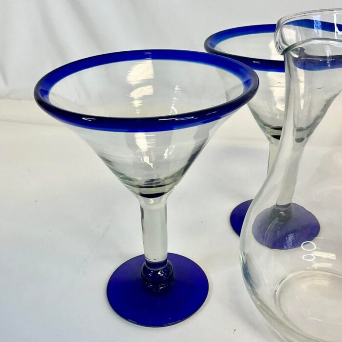 1980s vintage boho chic blue rim blown glass martini glasses and pitcher set of 3 5949