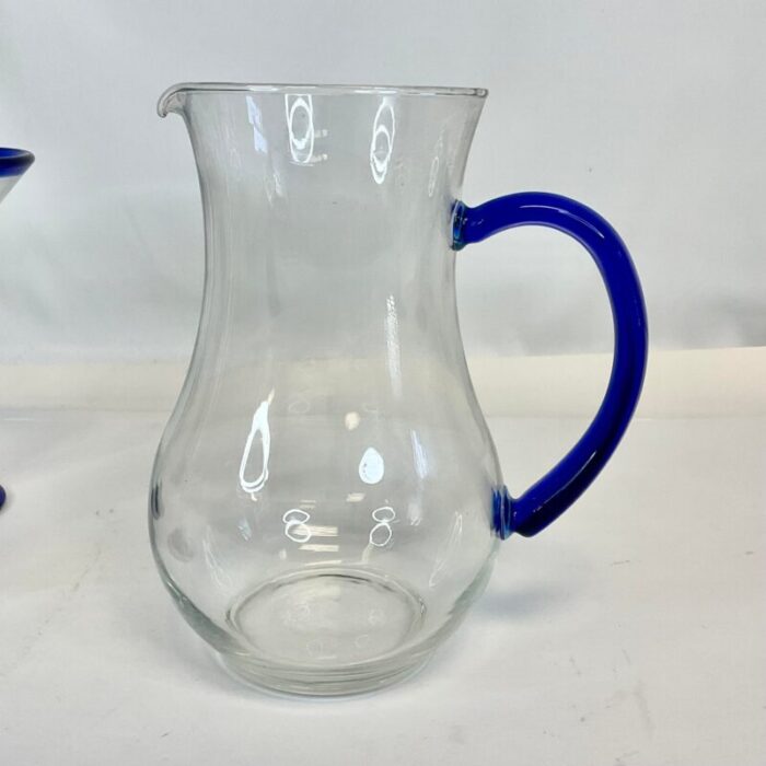 1980s vintage boho chic blue rim blown glass martini glasses and pitcher set of 3 6404