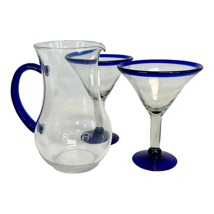 1980s vintage boho chic blue rim blown glass martini glasses and pitcher set of 3 7673