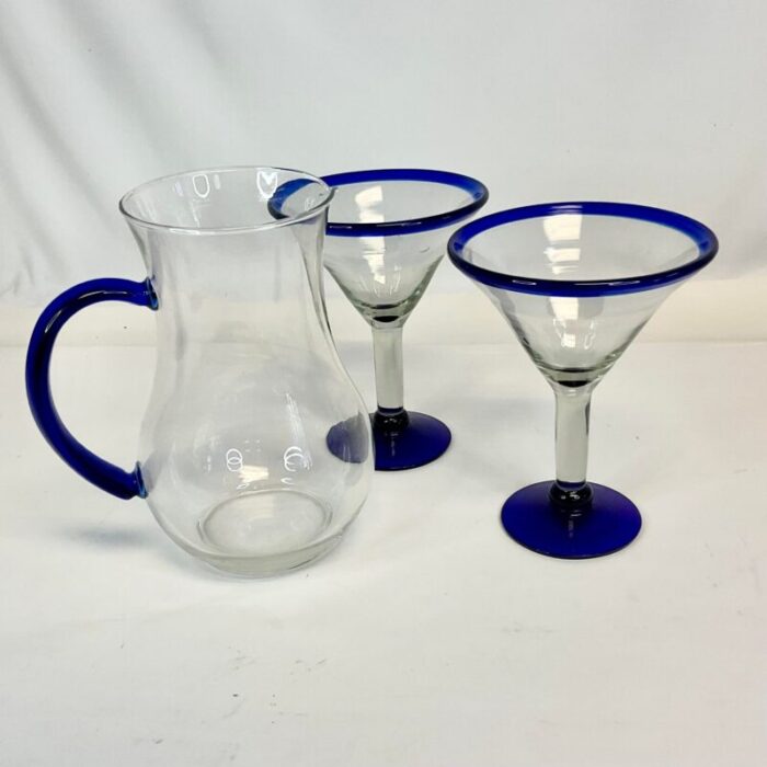 1980s vintage boho chic blue rim blown glass martini glasses and pitcher set of 3 7941