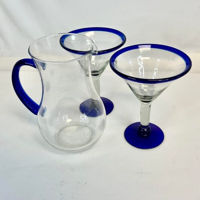 1980s vintage boho chic blue rim blown glass martini glasses and pitcher set of 3 9709