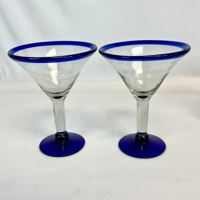 1980s vintage boho chic blue rim blown glass martini glasses and pitcher set of 3 9766