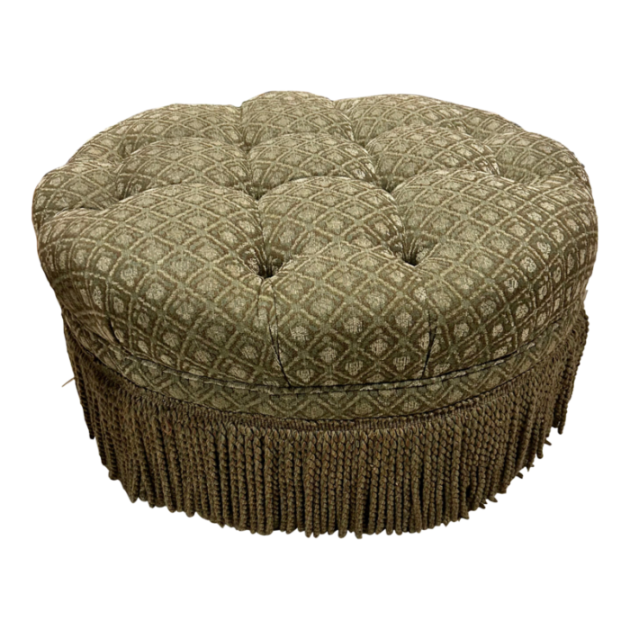 1980s vintage tufted round green ottoman with fringe 1116