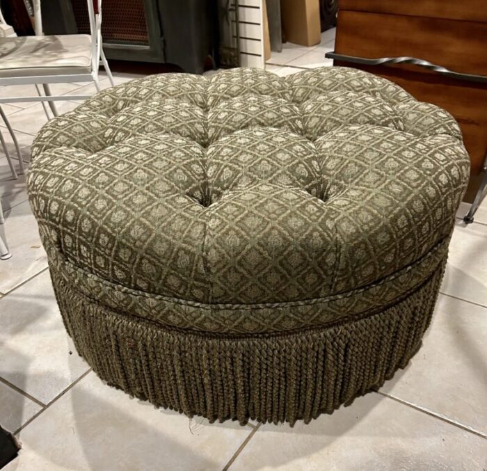 1980s vintage tufted round green ottoman with fringe 4364