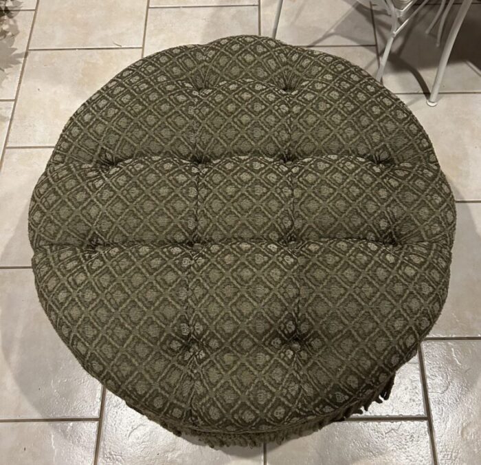 1980s vintage tufted round green ottoman with fringe 4383