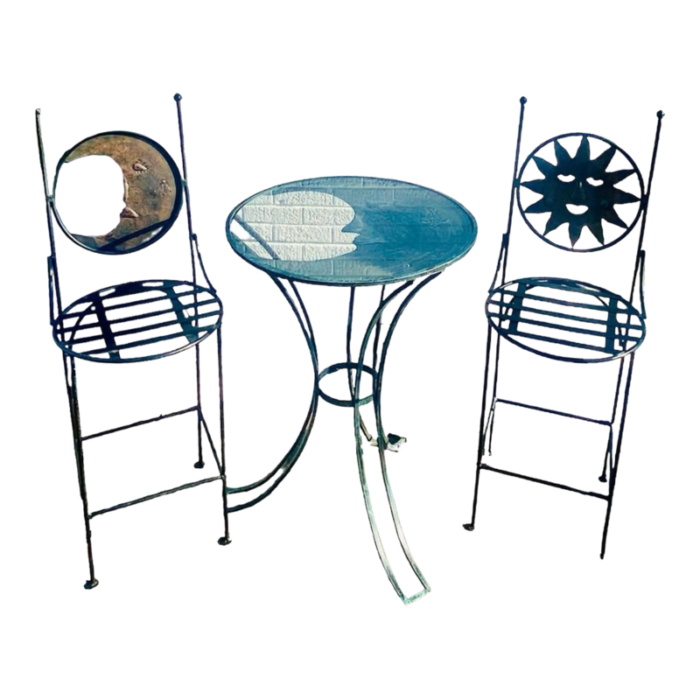 1990s art deco mexican wrought iron celestial moon and sun table and 2 barstools 1314