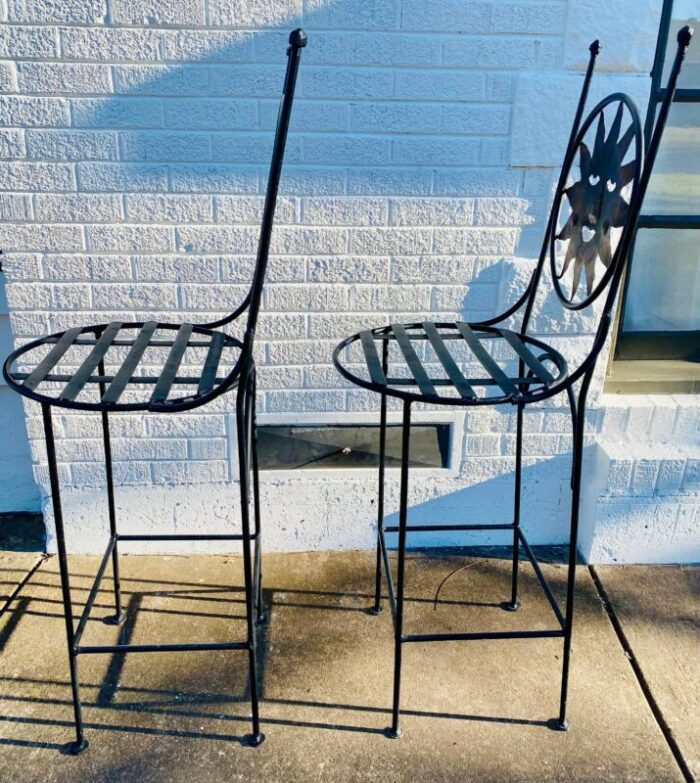 1990s art deco mexican wrought iron celestial moon and sun table and 2 barstools 2879