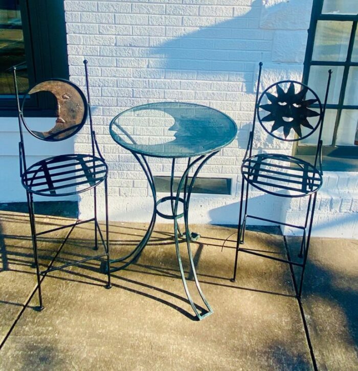 1990s art deco mexican wrought iron celestial moon and sun table and 2 barstools 4799