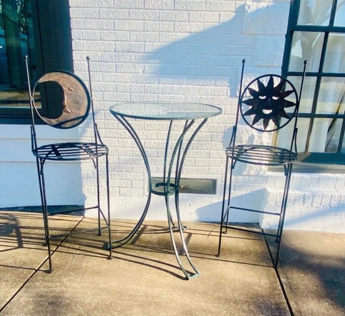 1990s art deco mexican wrought iron celestial moon and sun table and 2 barstools 9140