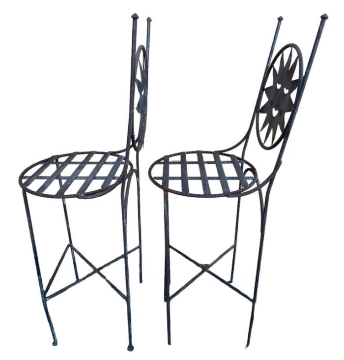 1990s art deco mexican wrought iron moon celestial sun barstools set of 2 0550