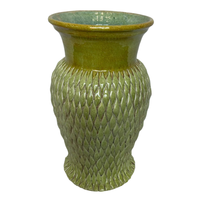 1990s italian hand painted greenhoney ceramic tall vase 9630