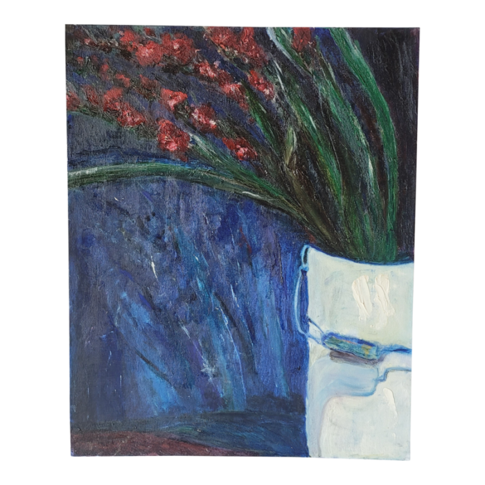 1990s vintage oil painting of gladiolas in a bucket on canvas board by rosemary rabut 4171