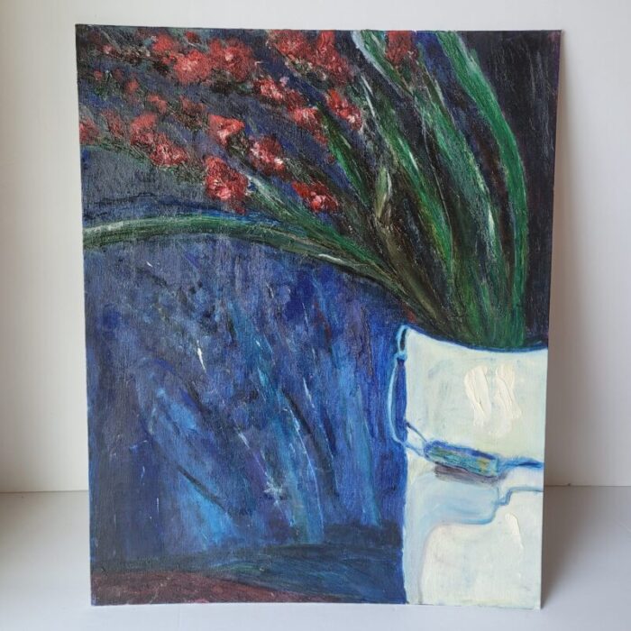 1990s vintage oil painting of gladiolas in a bucket on canvas board by rosemary rabut 6500