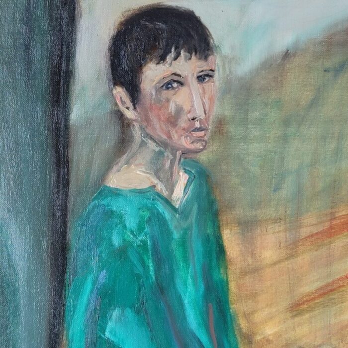 1990s vintage portrait of man in green shirt oil on canvas board by rosemary rabut 2418