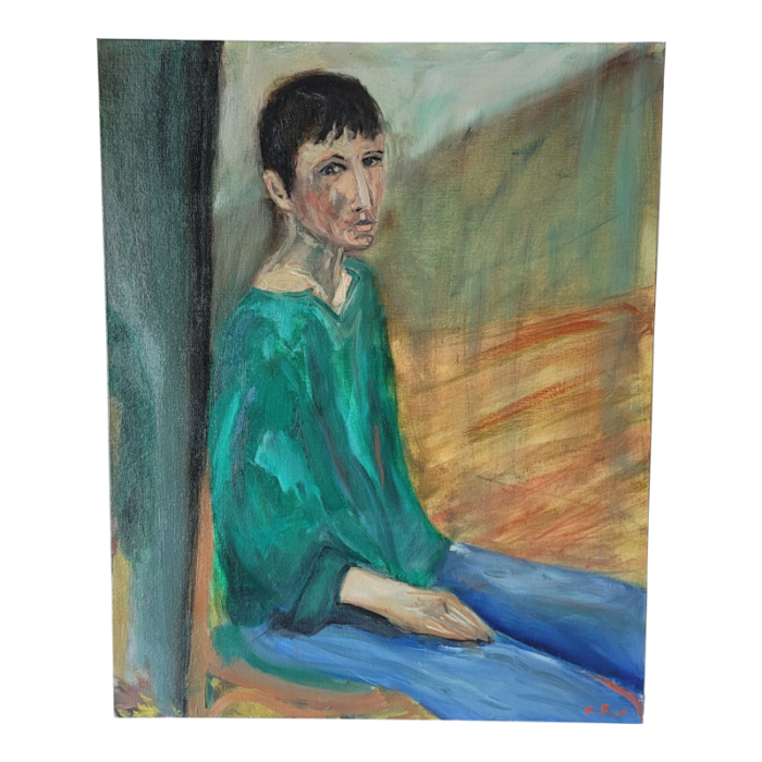 1990s vintage portrait of man in green shirt oil on canvas board by rosemary rabut 5758