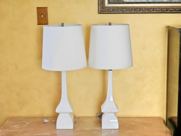 1990s white geometric abstract dimmable bedside lamps with shades a pair 0363