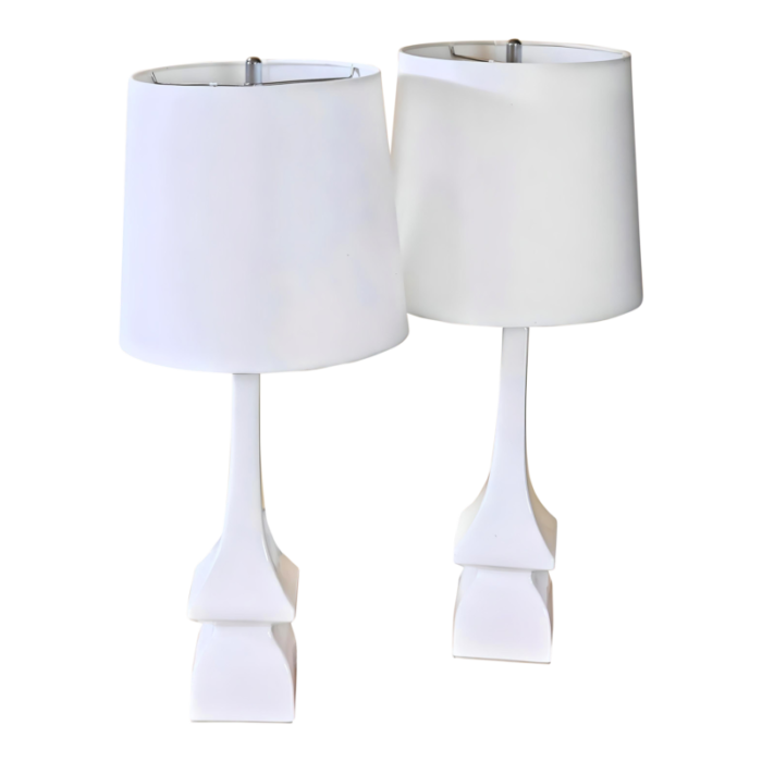 1990s white geometric abstract dimmable bedside lamps with shades a pair 1392