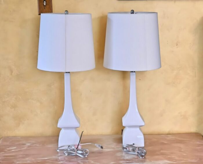 1990s white geometric abstract dimmable bedside lamps with shades a pair 2340