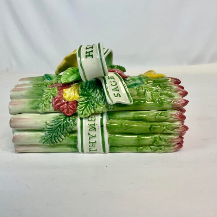 1996 vintage hollywood regency majolica fitz and floyd garden herbs asparagus box 5694