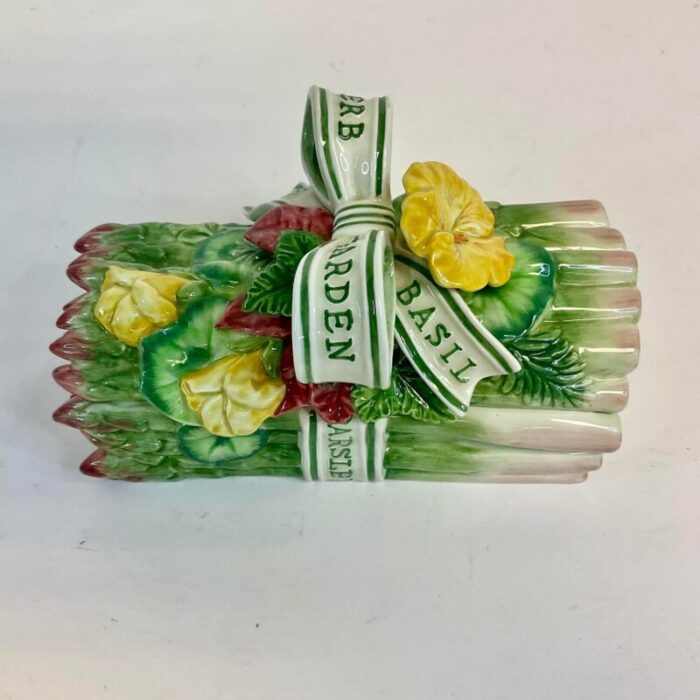 1996 vintage hollywood regency majolica fitz and floyd garden herbs asparagus box 8526