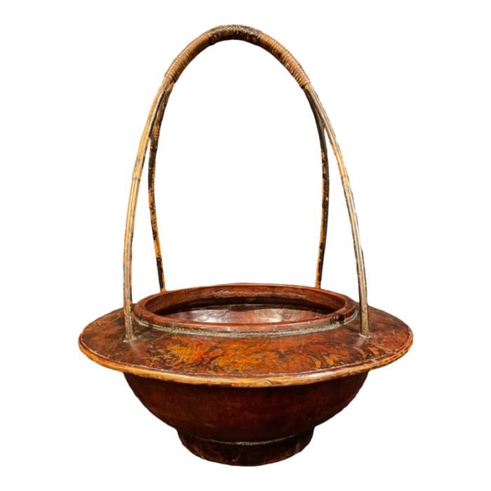 19th century antique chinese wooden basket with bamboo handles and floral decorations signed 1293